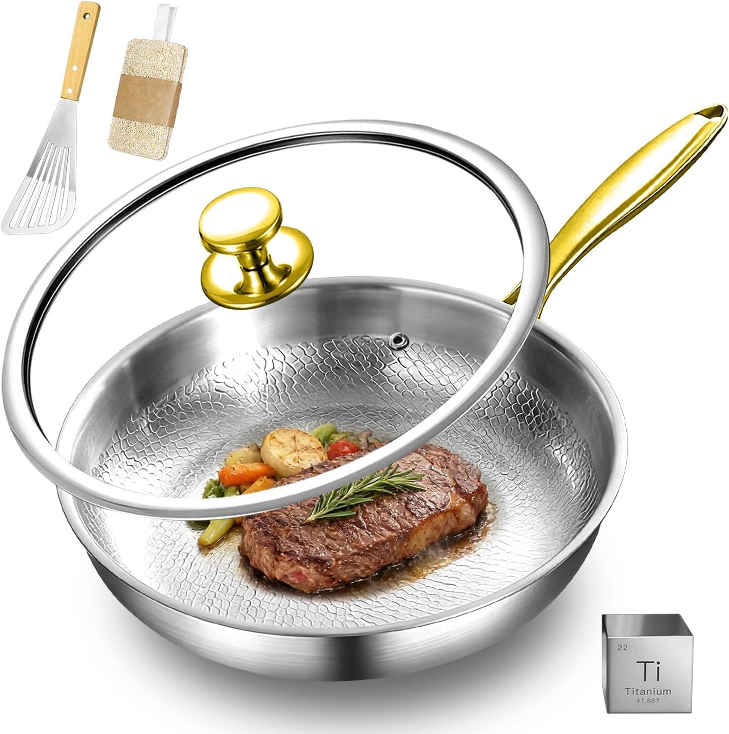 Pure Titanium Hammered Frying Pan with Lid, 12 Inch Skillet, No Coating Cookw... gallery