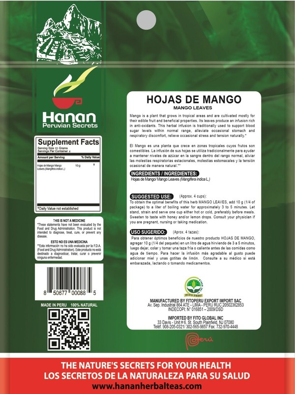 Hanan Peruvian Secrets Mango Herbal Tea | 100% Natural Mango Leaves | 1.41oz gallery