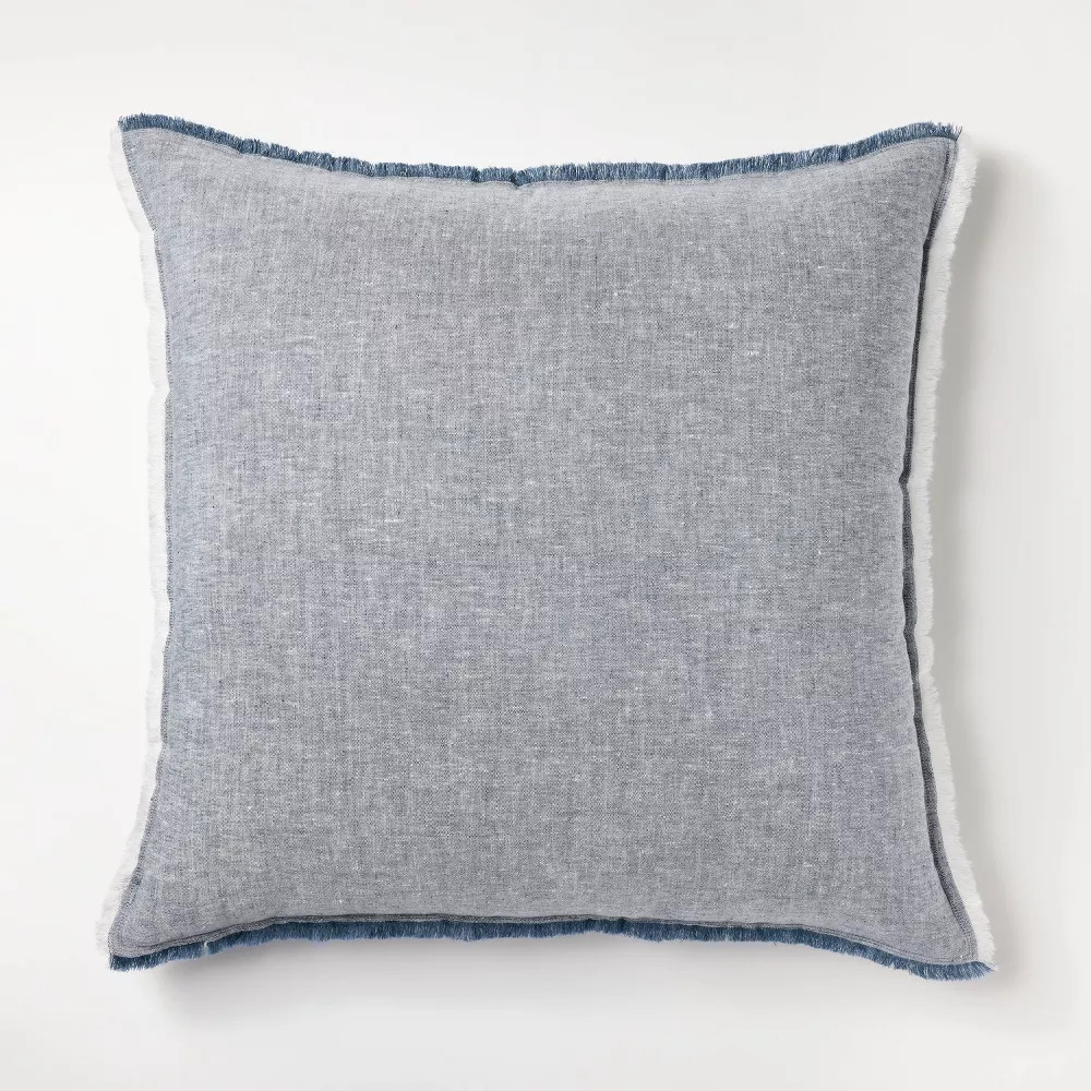 Oversized Reversible Linen Square Throw Pillow with Frayed Edges Blue gallery