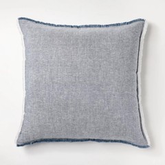 Oversized Reversible Linen Square Throw Pillow with Frayed Edges Blue