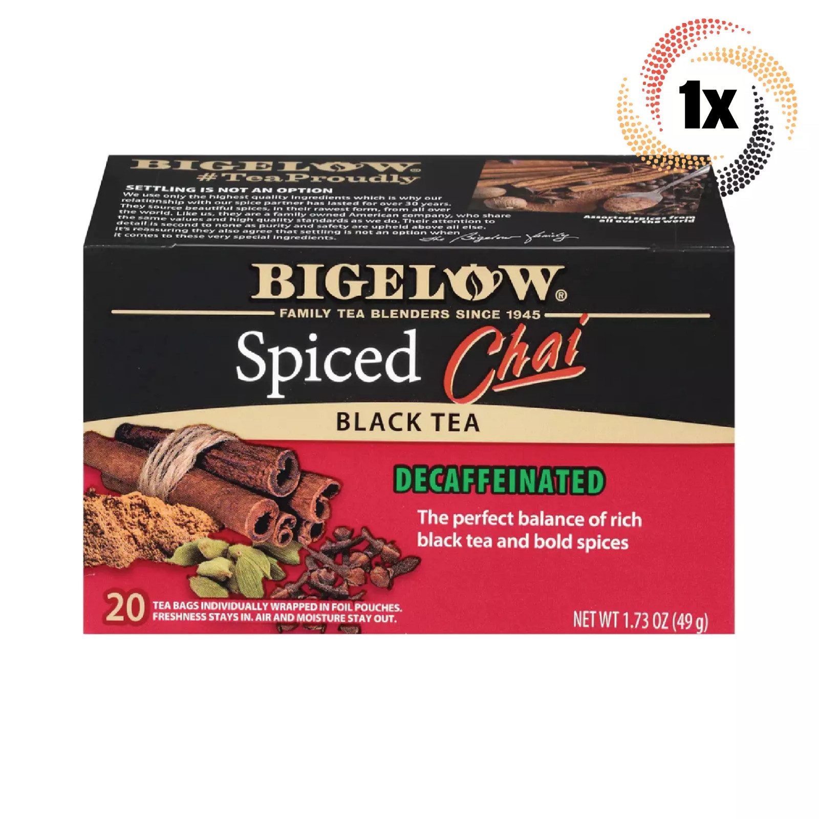 1x Box Bigelow Spiced Chai Decaffeinated Black Tea | 20 Pouches Each | 1.73oz gallery