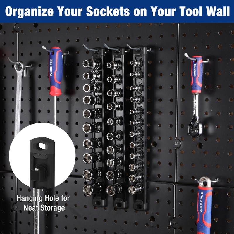 WORKPRO Magnetic Socket Organizer 3/8" Drive Aluminum Alloy Socket Rail 10 Clips gallery