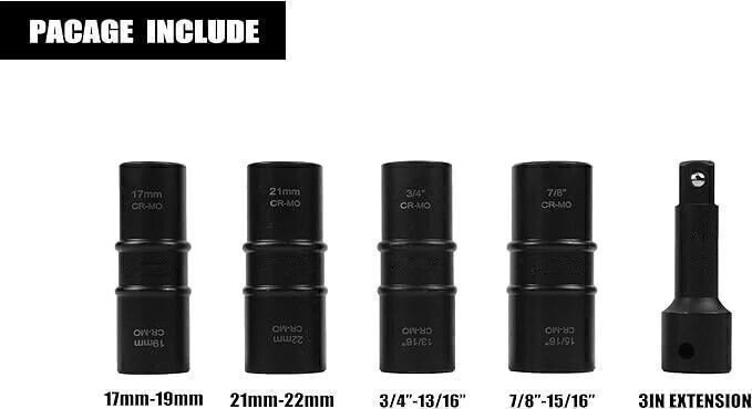 1/2" Dr. 5pc Thin Wall Flip Impact Socket Set For CAR RIMS TIRES LUG NUTS Tool gallery