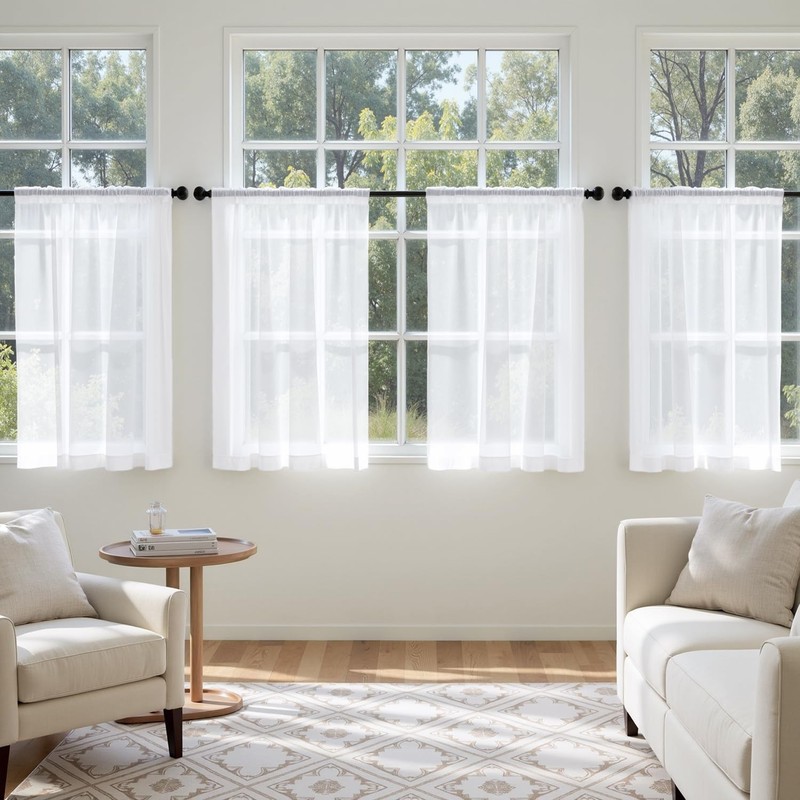 Sheer Light Filtering Cafe Curtains 36" Long, 4 Panels, Rod Pocket for Kitchen W gallery