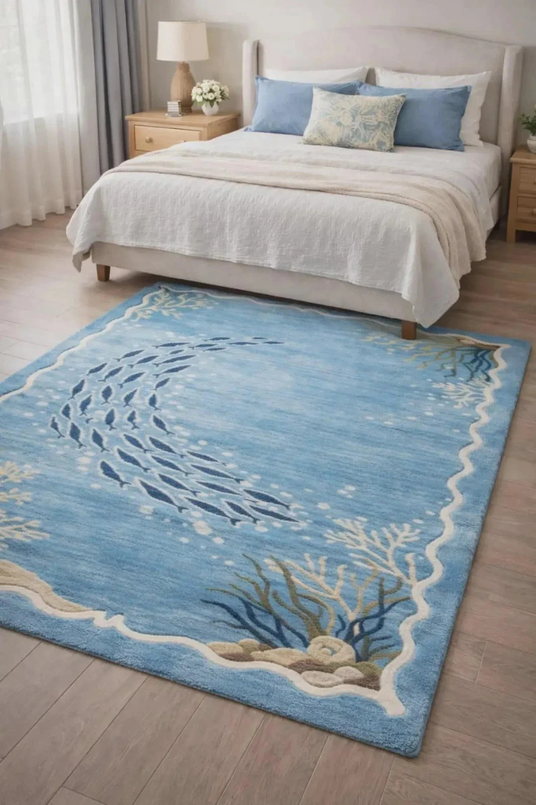 Handmade Wool Area Rug, Nautical Ocean Fish Pattern, Modern Coastal Room Carpet gallery