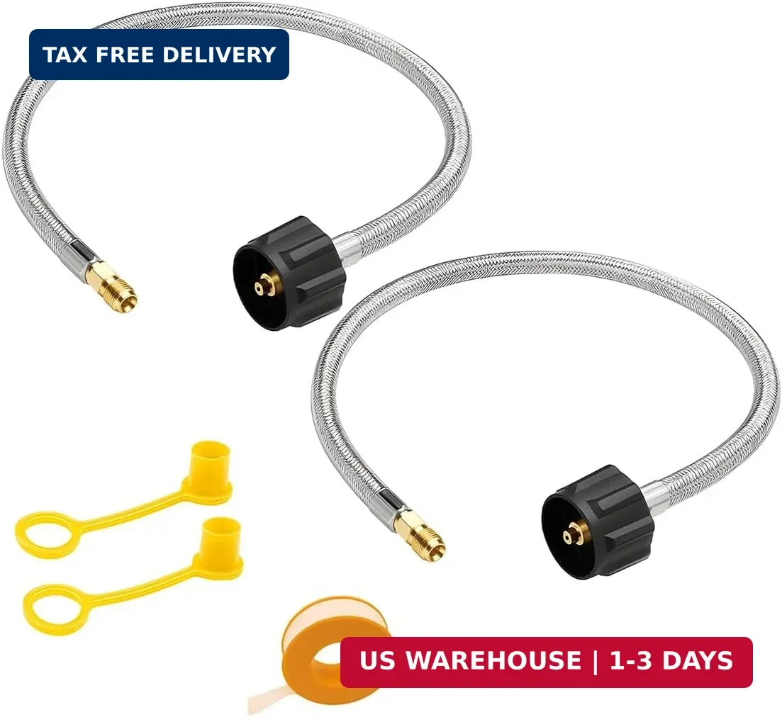2PCS 15" RV Propane Hoses with Gauge, Camper Braided Hose with 1/4" Male NPT & Q gallery