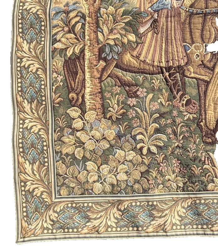 Large Woven Tapestry Wall Hanging Falcon Hunt Scene Horses Dogs Birds 84x62 gallery