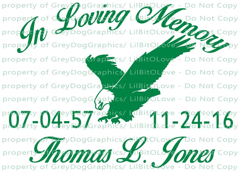 PERSONALIZED IN LOVING MEMORY VINYL DECAL WITH EAGLE WITH NAMES AND DATES gallery