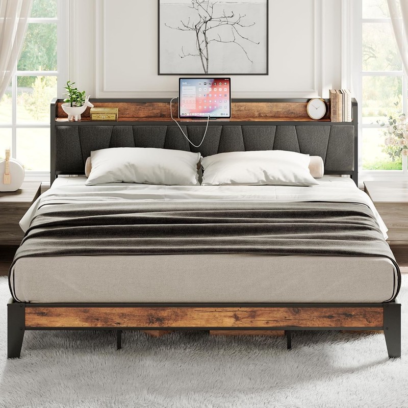 King Size Bed Frame, Storage Headboard with Charging Station, Solid and Stabl... gallery
