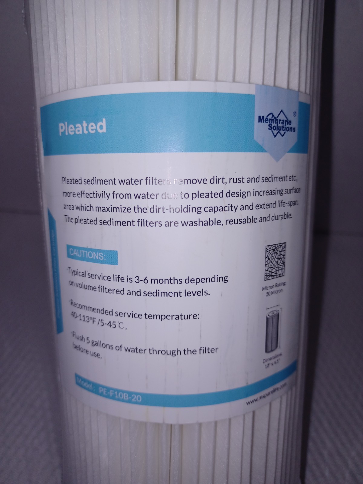 Pleated Sediment Water Filter Cartridge 10” PE‑F10B‑20 Washable Reusable gallery