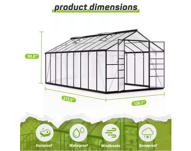 10x18 FT Polycarbonate Greenhouse, Quick Setup, Roof Vent, Walk-in Aluminum gallery