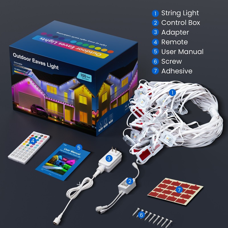 100ft Permanent Outdoor Lights,RGB Eaves Lights with App Control Remote,DIY IP67 gallery