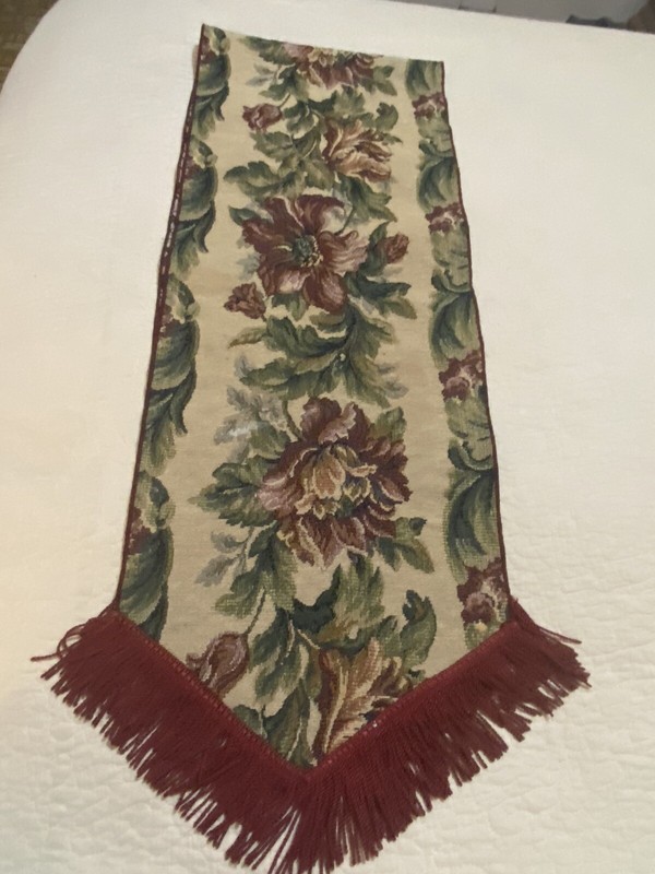 Tapestry style Table Runner 12” X 70”. Green Red Brown on Off-white. Hand Made gallery