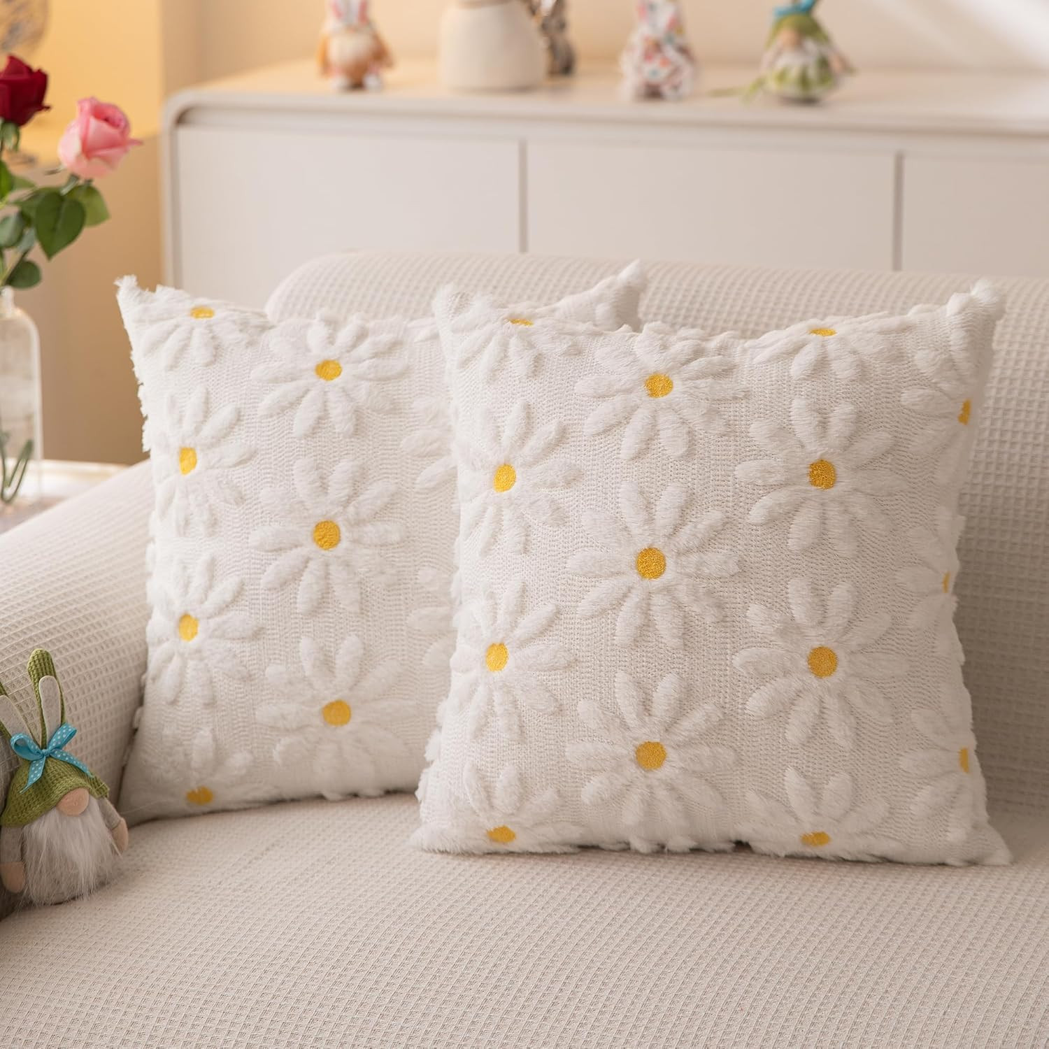 Spring Summer Pillow Covers 18X18 Inch Set of 2 White Daisy Flower Outdoor Farmh gallery