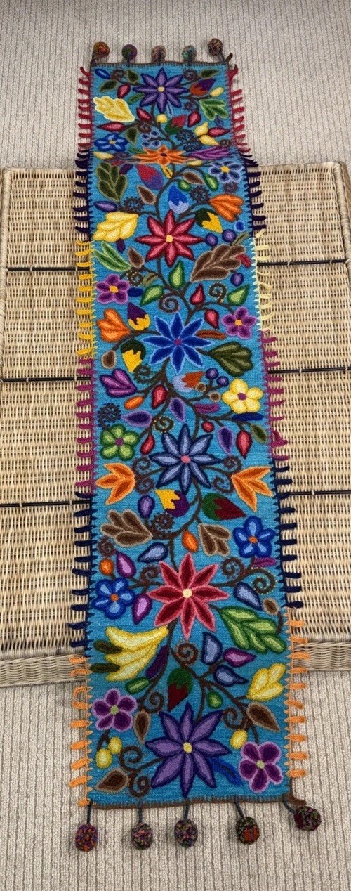 Hand Woven Alpaca Lambs Wool Table Runner 13”x 61”Peru Heavy Embroidery Pom Poms gallery