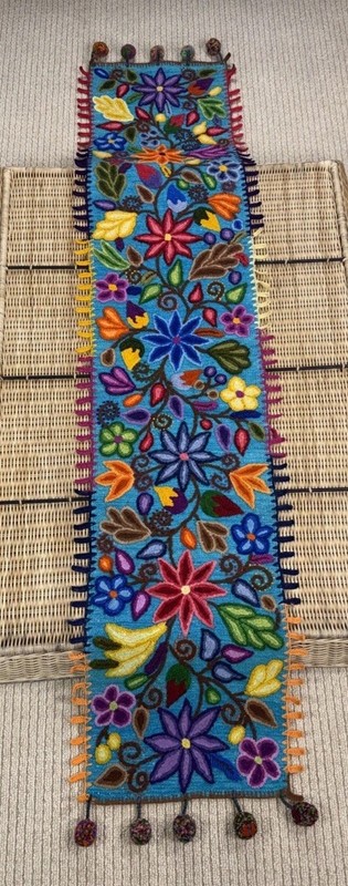Hand Woven Alpaca Lambs Wool Table Runner 13”x 61”Peru Heavy Embroidery Pom Poms gallery