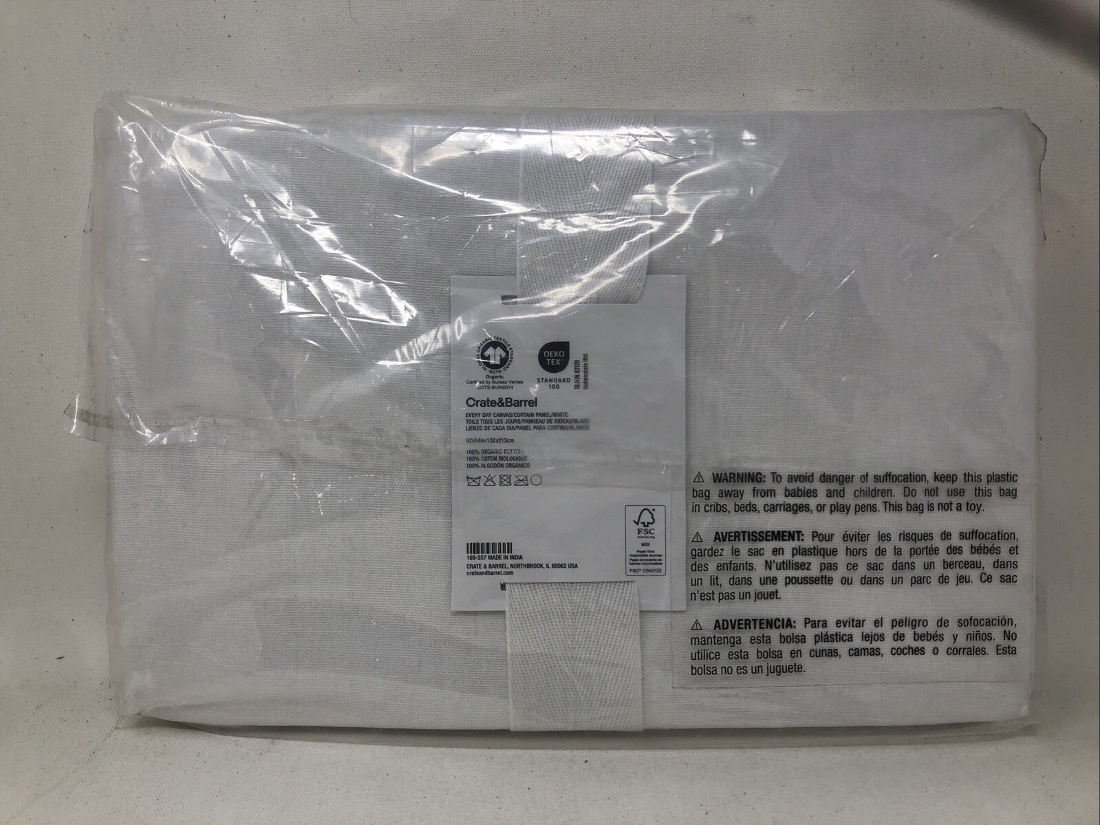Crate & Barrel White Curtain Panel, Organic Cotton Canvas 52x84in / 132x213cm gallery