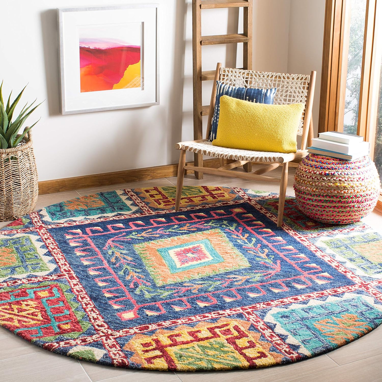 Handmade Boho 7' Round Blue/Multi Wool Area Rug - Aspen Collection gallery