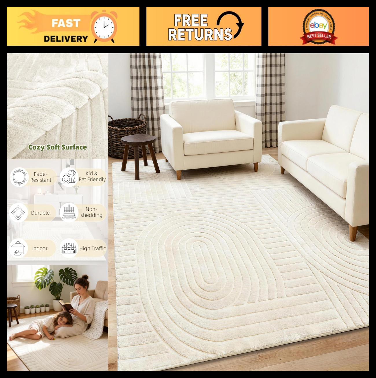 5x7 Beige Geometric Area Rug - Washable, Non-Slip Soft High-Low Pile Carpet for gallery