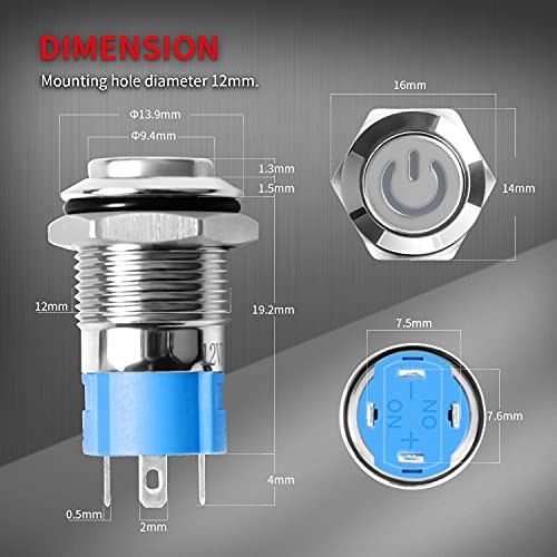 12mm Latching Push Button Switch 12V LED Blue Waterproof ON Off Silver gallery