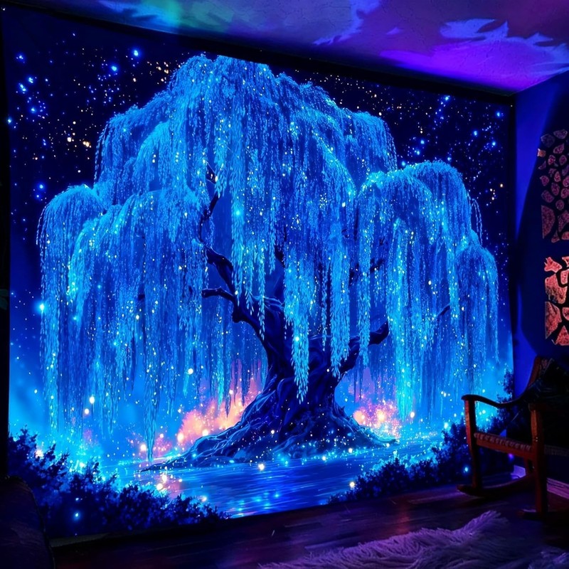 Blacklight Starry Night Tree Tapestry, UV Reactive Neon Willow Tree of Life Wall gallery