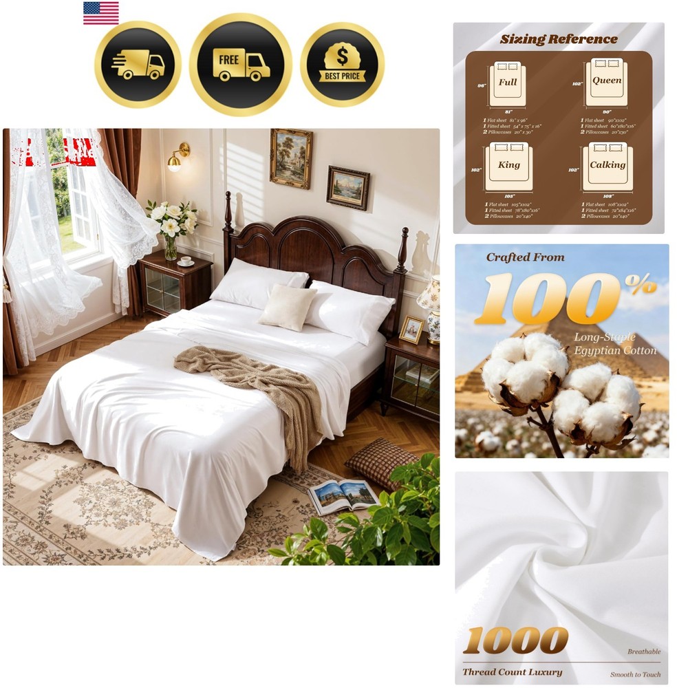 1000 Thread Count 100% Cotton Sheets Set,King Size Bed Sheet 4 Piece Sets,Lon...