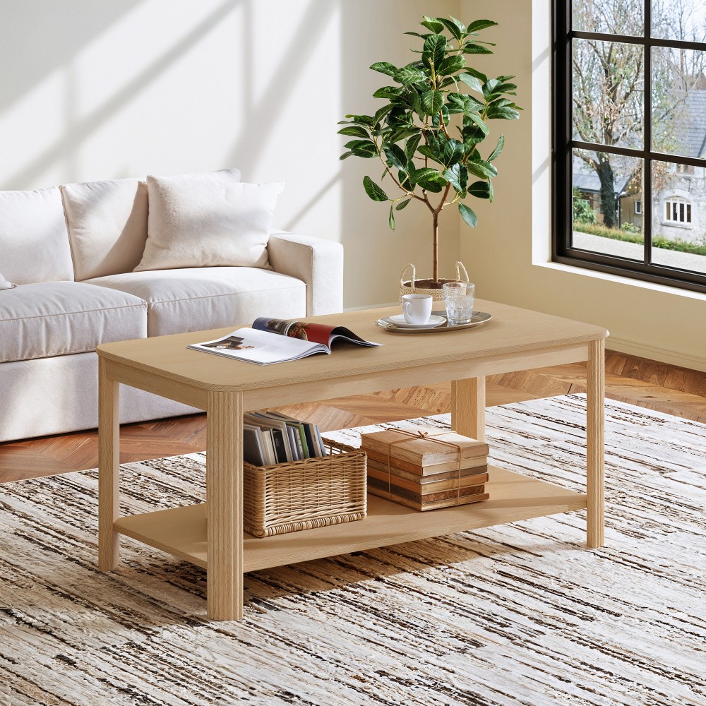 Arc Corner Wood Coffee Table with Storage Shelf – Vertical Wave Grain Legs gallery
