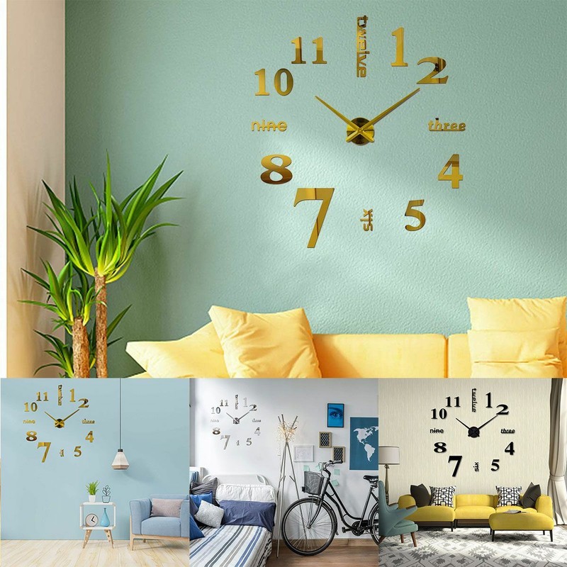 Modern DIY Large Wall Clock 3D Mirror Surface Sticker Home Office Room Decor Set gallery