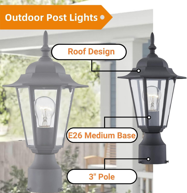 Outdoor Post Light, Pole Lantern, E26 Base 60W Max, Aluminum Housing plus Glass, gallery
