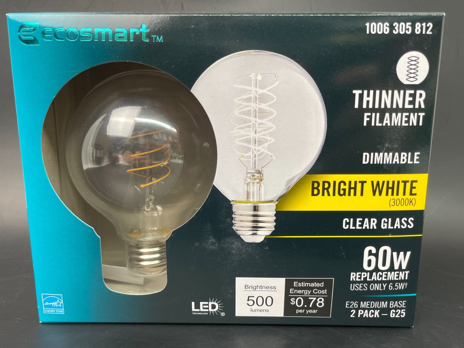 3 Box Ecosmart Thinner Filament Dimmable Bright White Clear Glass 60W 500 Lumens gallery