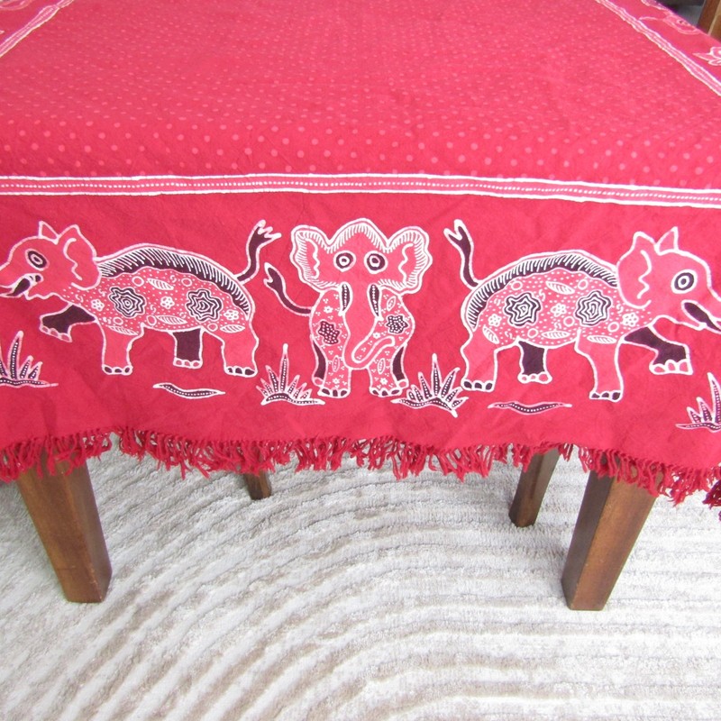 Batik Elephant Tablecloth Red White Fringe African Print 84x53 inches gallery