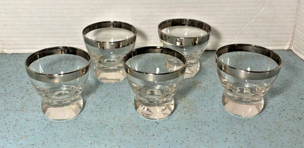 MCM (5) 4-OZ WHISKEY & (2) 5-OZ ROCKS GLASSES SILVER TOP BAND BALL KNOB BOTTOM gallery