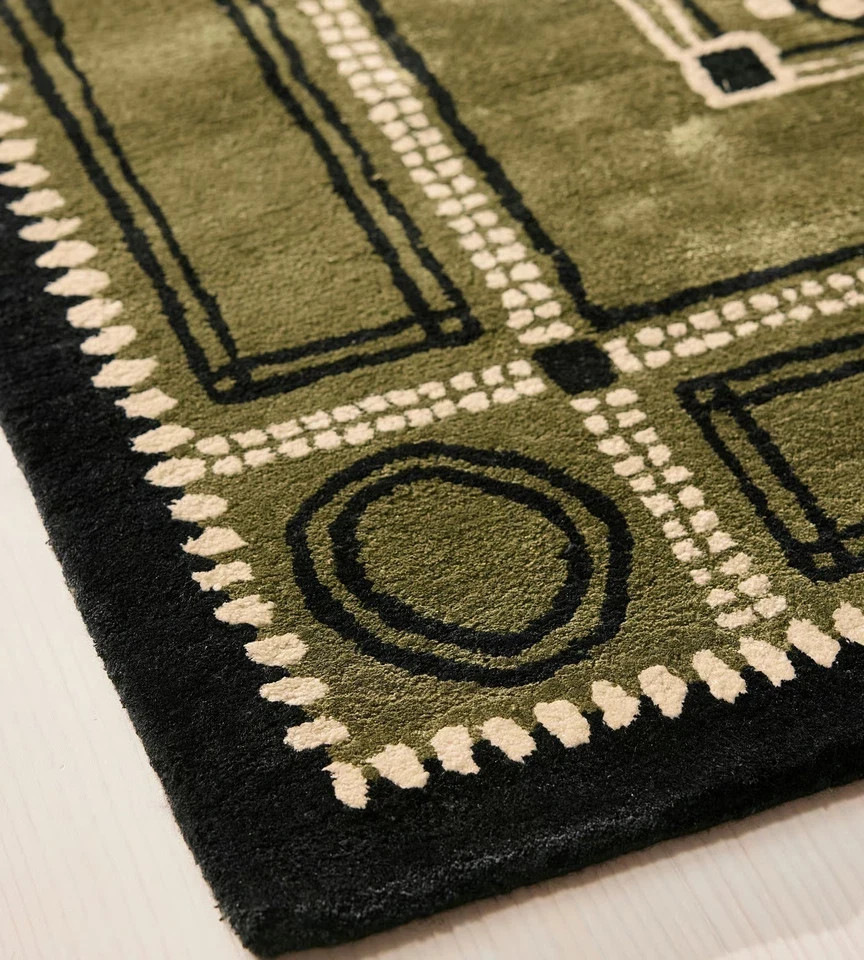 Hand Tufted Wool Area Rug Olive Green Modern Geometric Handmade gallery