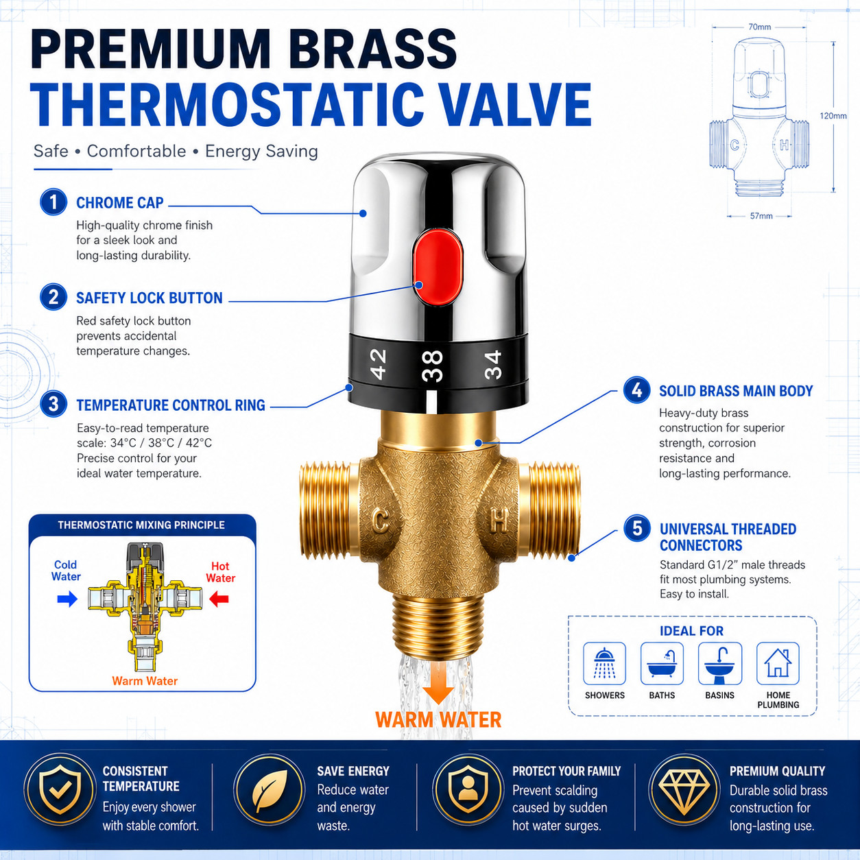 Hot Cold Water Thermostatic Mixing Valve Brass Mixer Tap Sink Basin Bathroom gallery