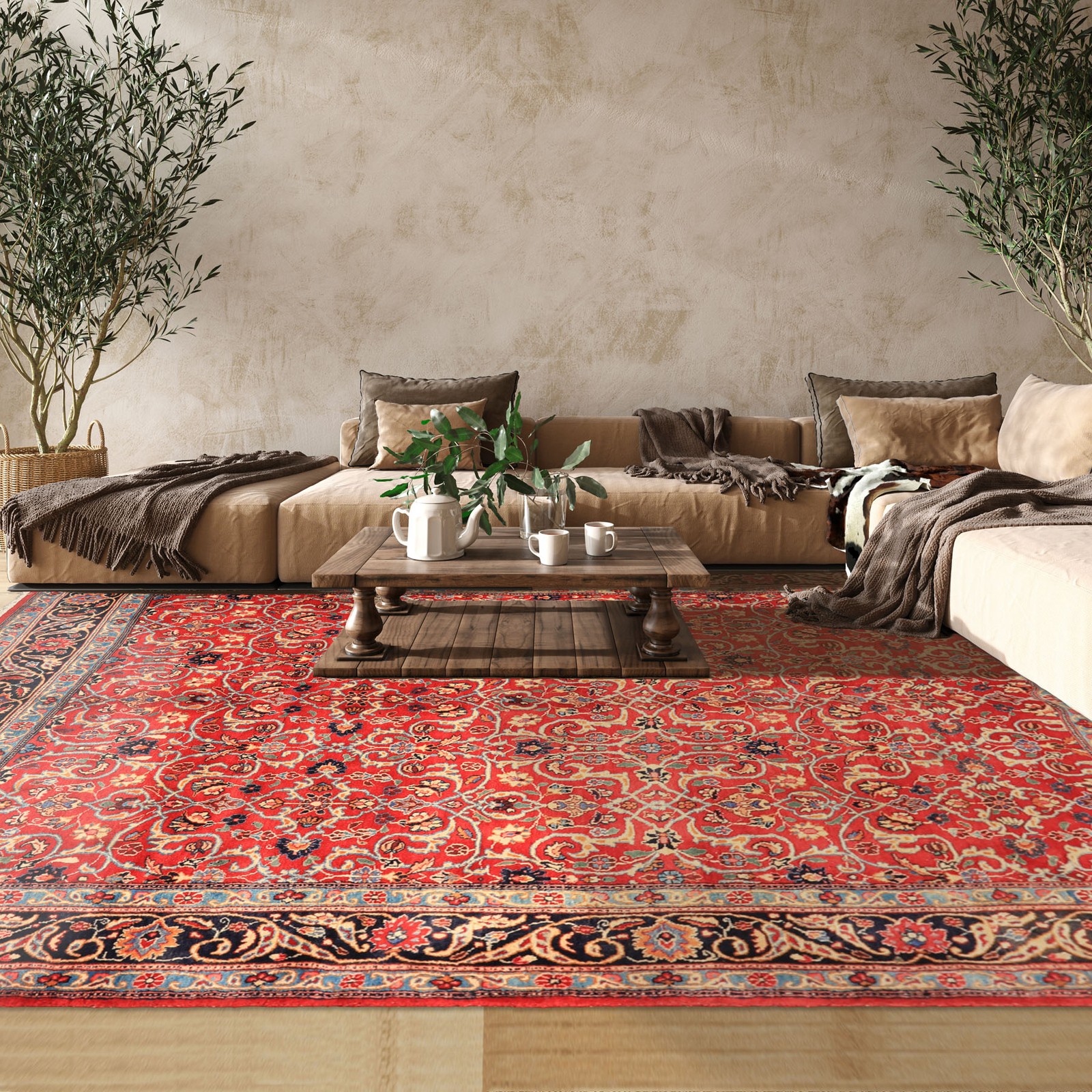 6'9"x10 Hand Knotted Wool Red Midnight Blue Kashmaar Vintage Vegetable dyes Rug gallery