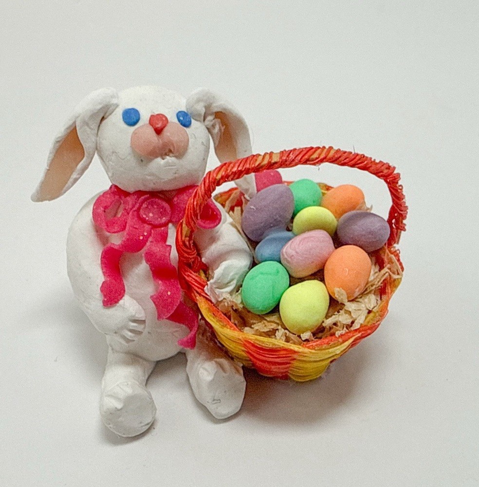 Miniature 1” Polymer Clay Easter Bunny With Straw Basket And Eggs Easter Decor