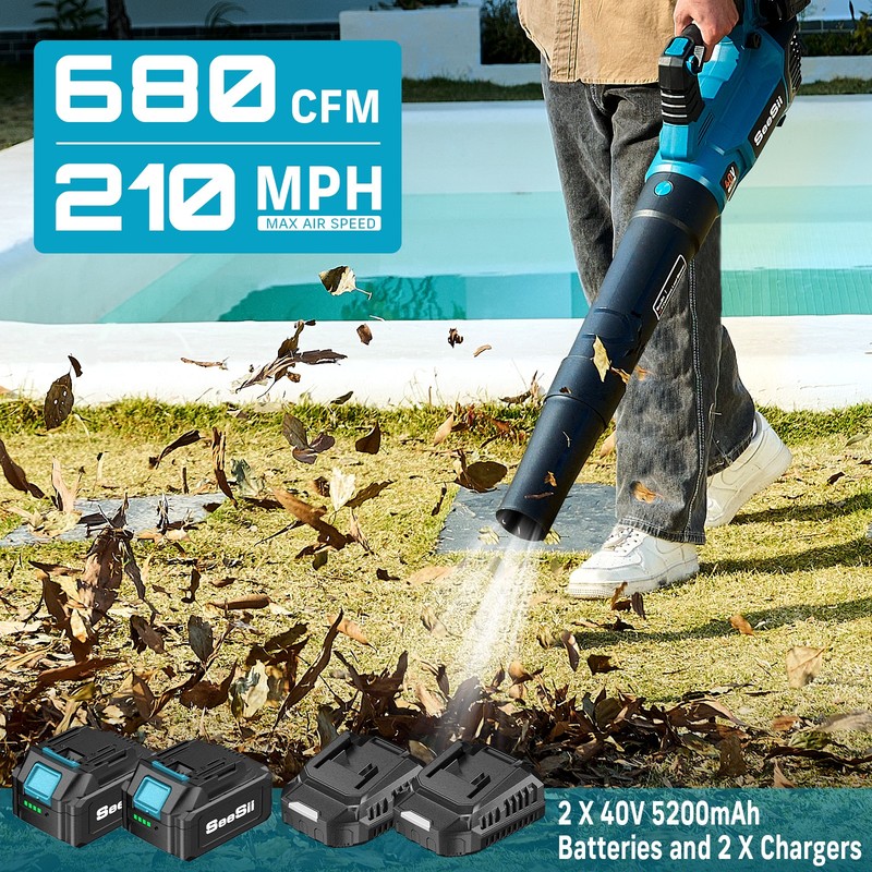 Seesii 40V Leaf Blower Cordless 680CFM/210MPH 2*5200mAh Battery Electric Blower gallery
