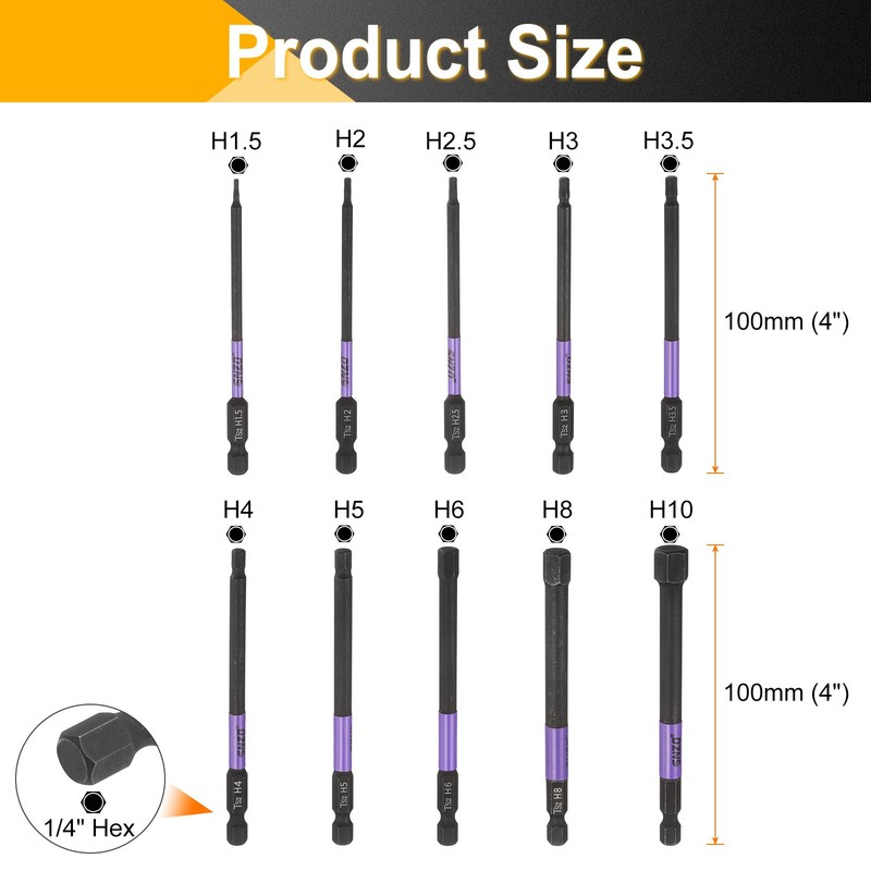 10pcs H1.5-H10 Flat Hex Head Screwdriver Bit Set 4" Long 1/4" Hex Shank Magnetic gallery