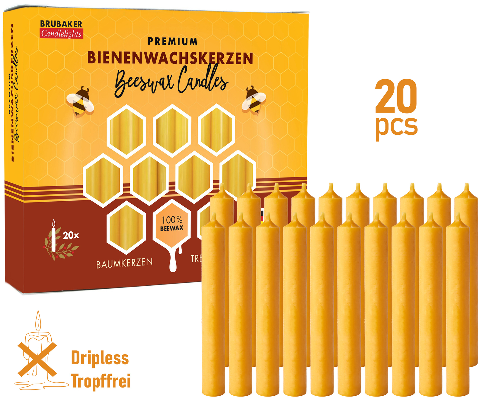 BRUBAKER 100% Beeswax Tree Candles - Pack of 20 - Honey Colored - 3.74" gallery