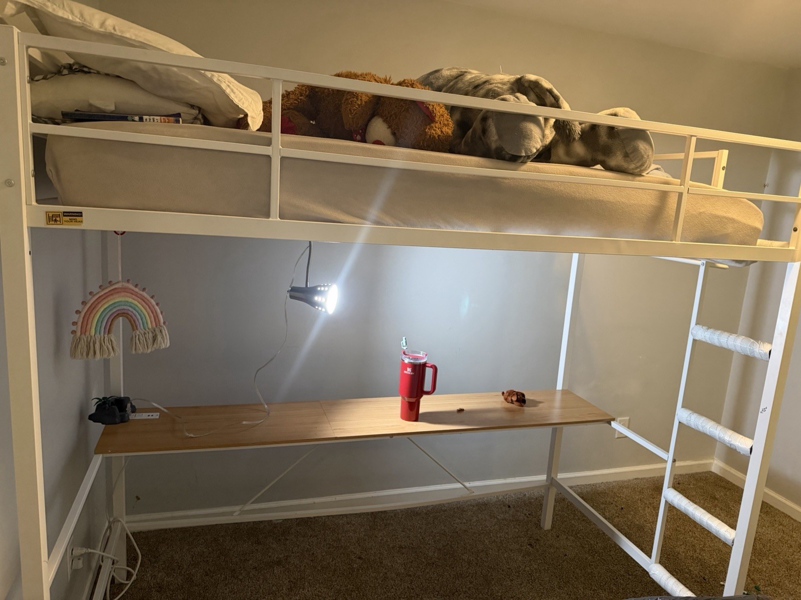 White Metal Twin Loft Bed Frame, Painted Finish, Solid, Built-In Ladder gallery