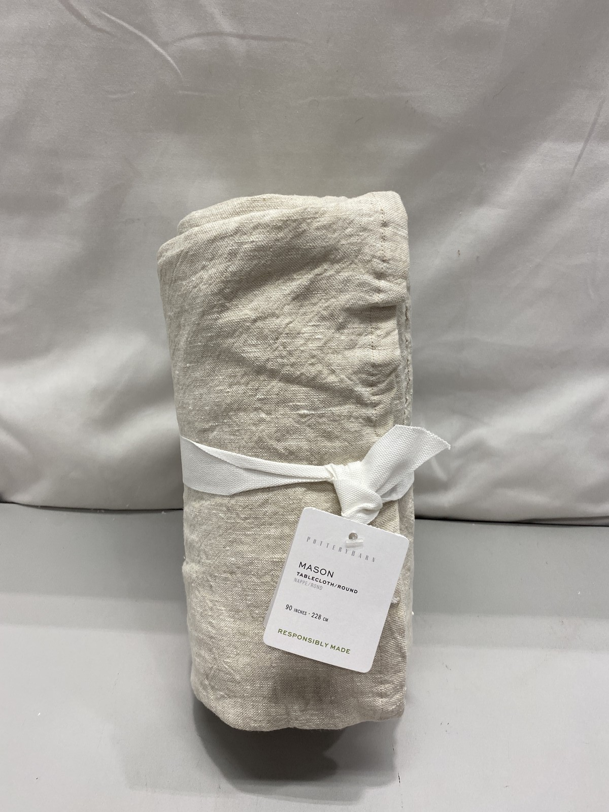 Pottery Barn Mason Round Linen Tablecloth In Flax 90in- New gallery
