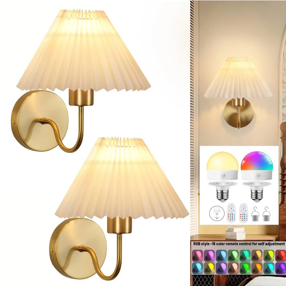 Rechargeable Wireless Wall Sconce Set of 2 with Pleated Shades - Retro Gold gallery