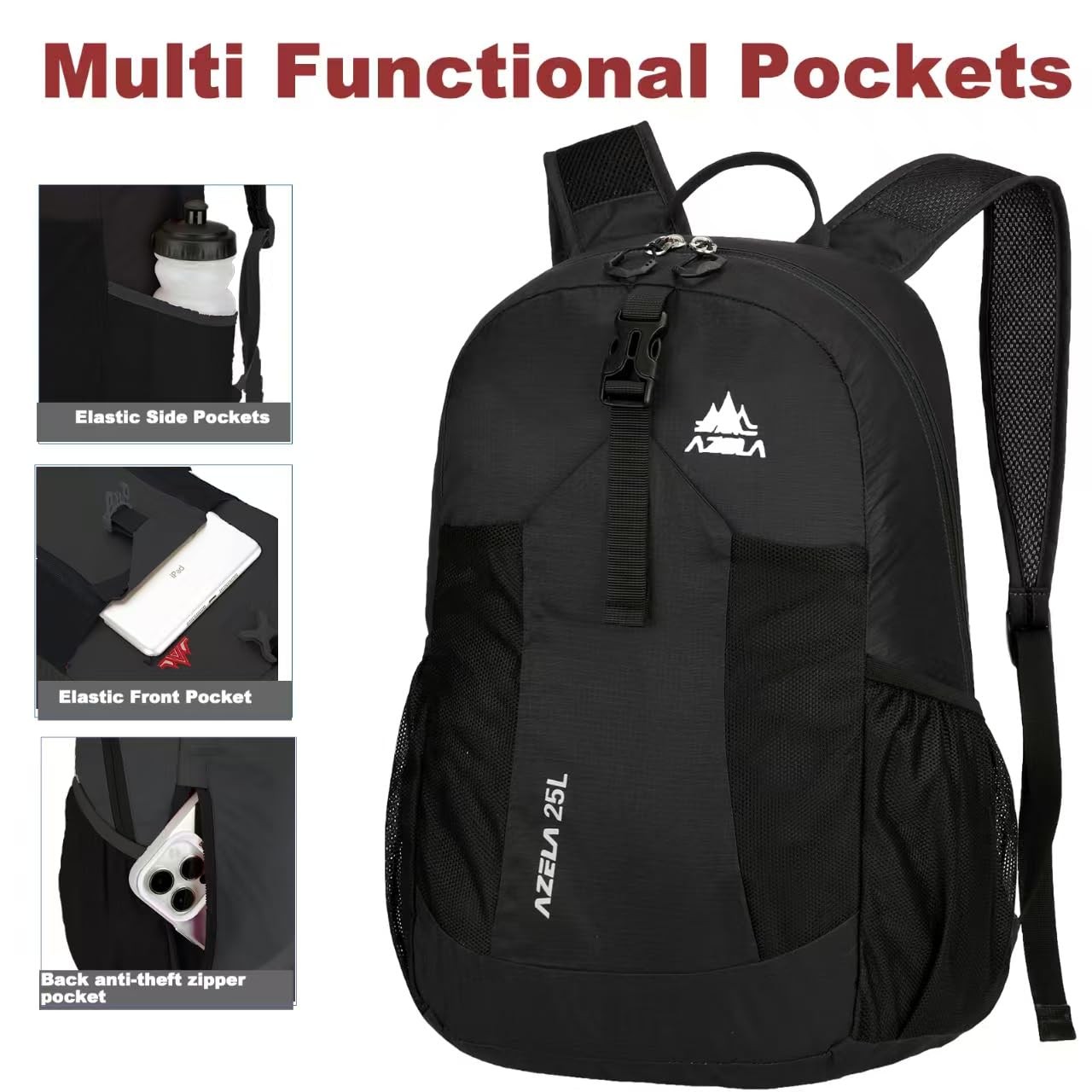 25L Black Lightweight Packable Backpack Foldable Daypack Travel Hiking 2