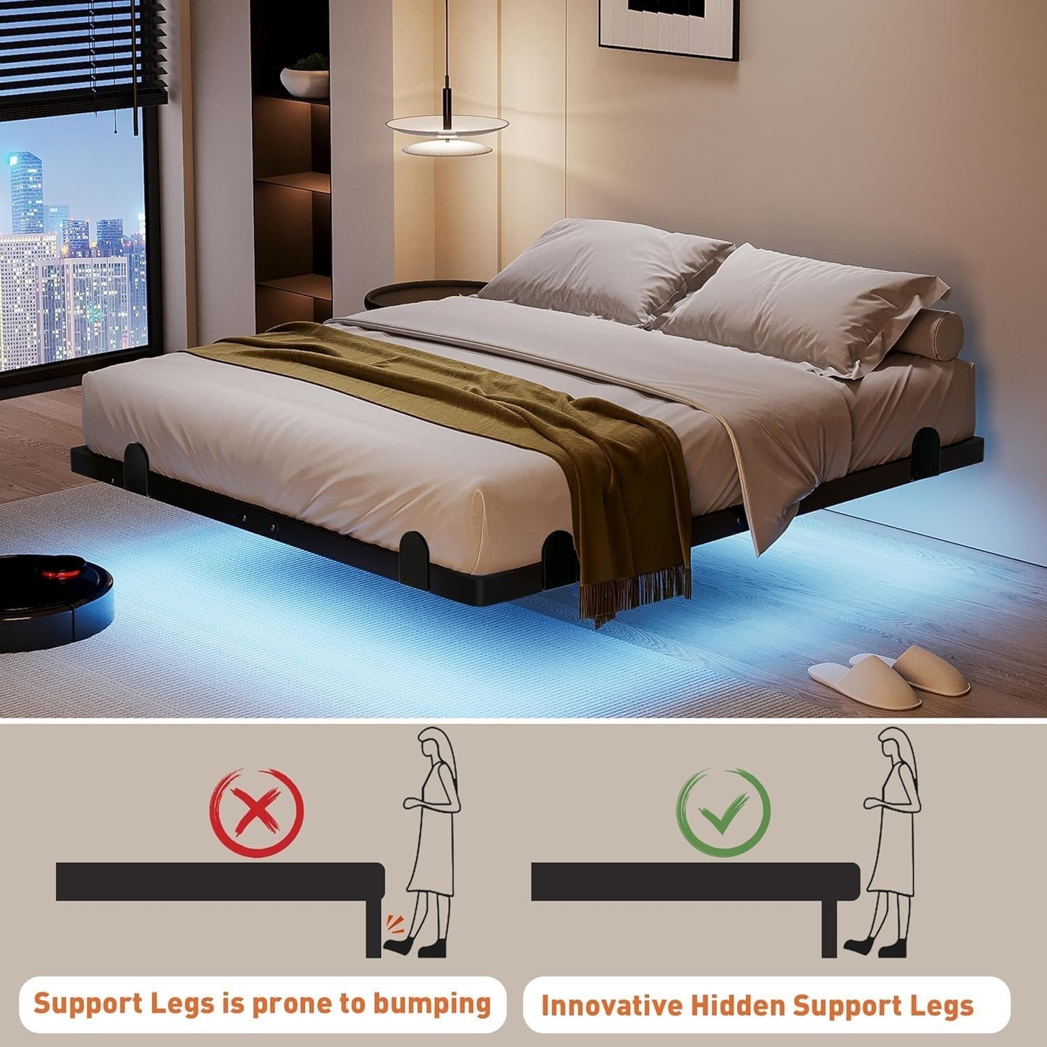 NEW Floating Queen Bed Frame 14 Inch LED Lights Charging Station Platform Bed gallery
