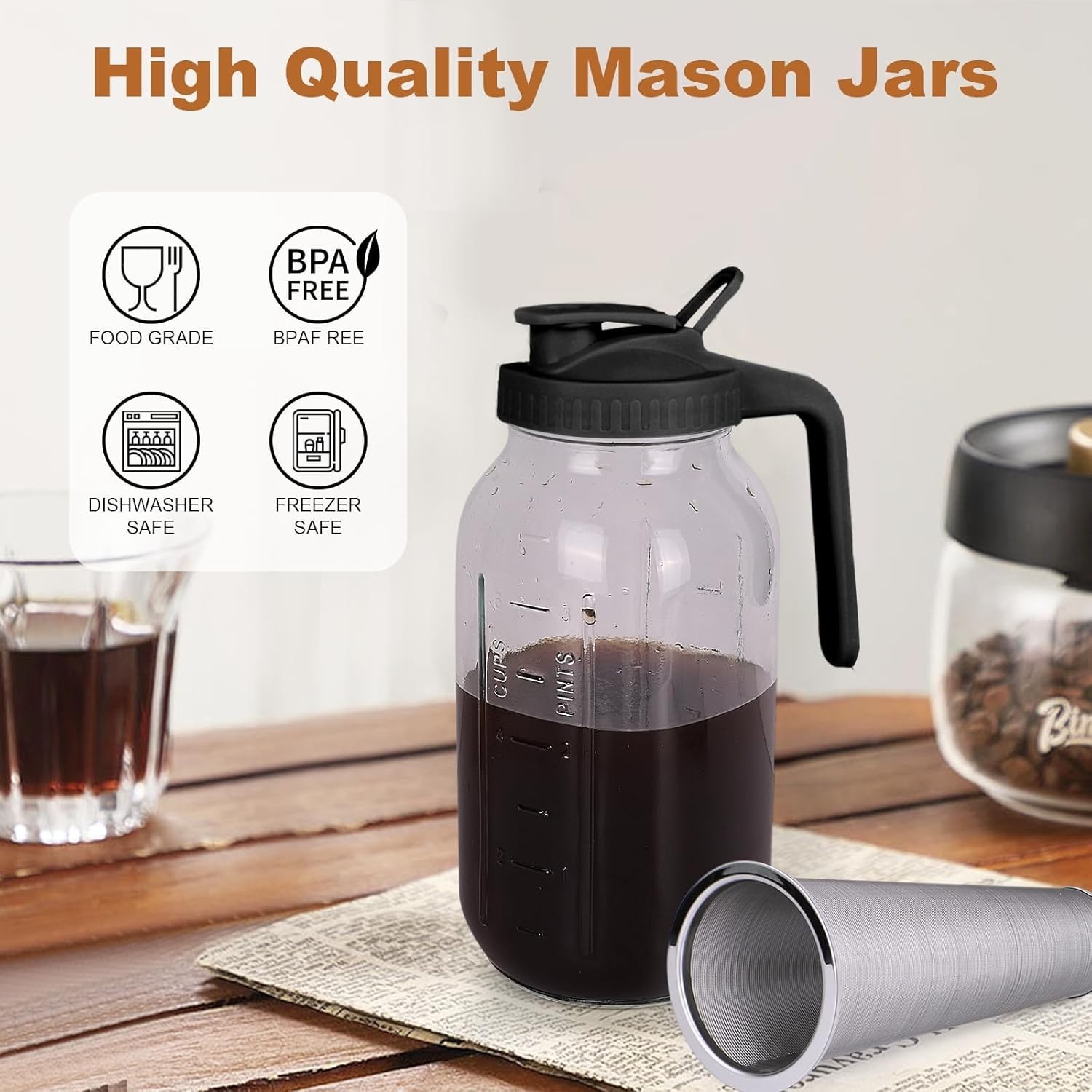 Cold Brew Coffee Maker,64 oz Mason Jar Pitcher with Stainless Steel Filter, Pour gallery