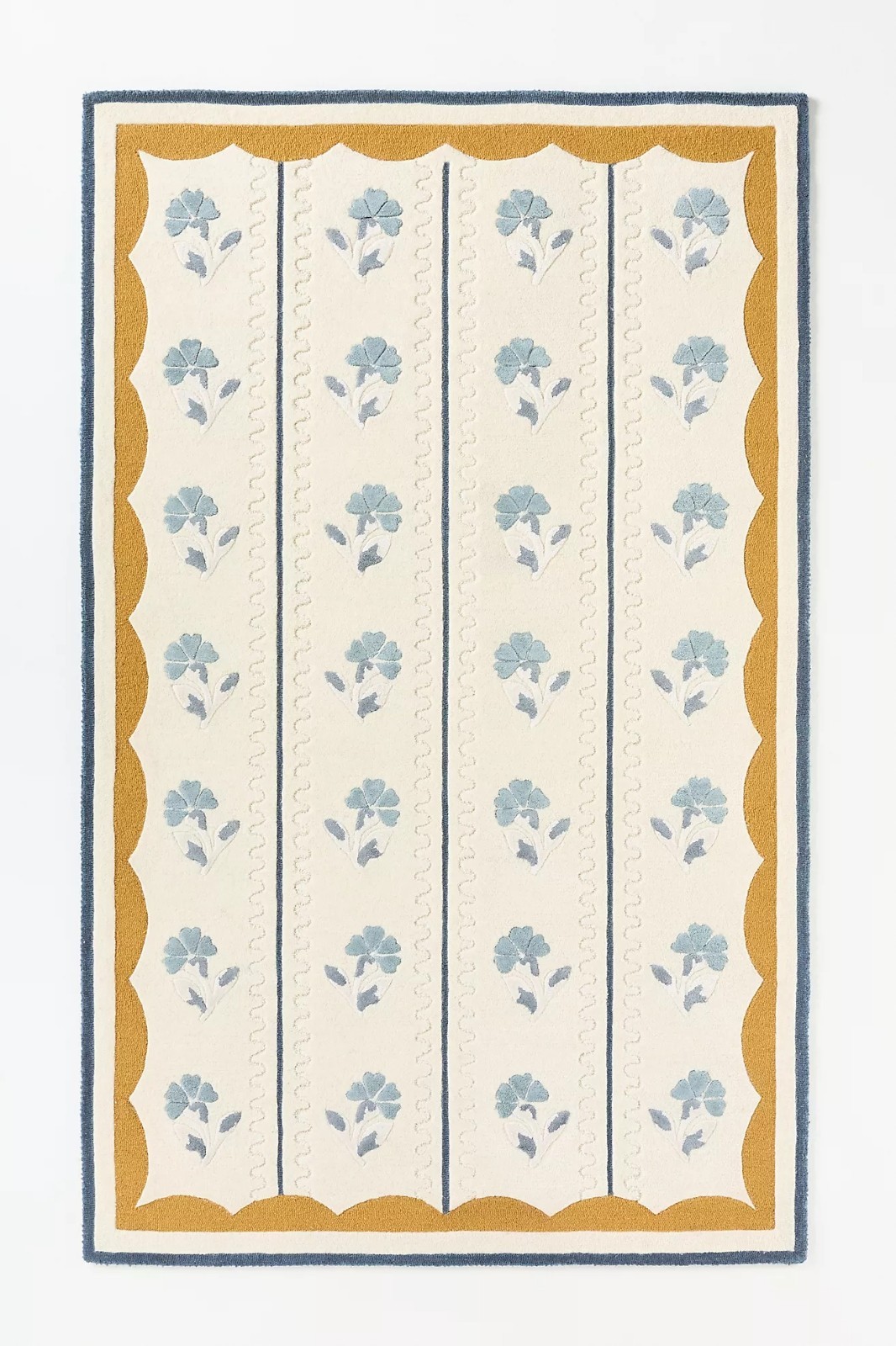 Hand-Tufted Wool Viscose Floral Area Rug Blue Ivory Mustard Border Modern Decor gallery