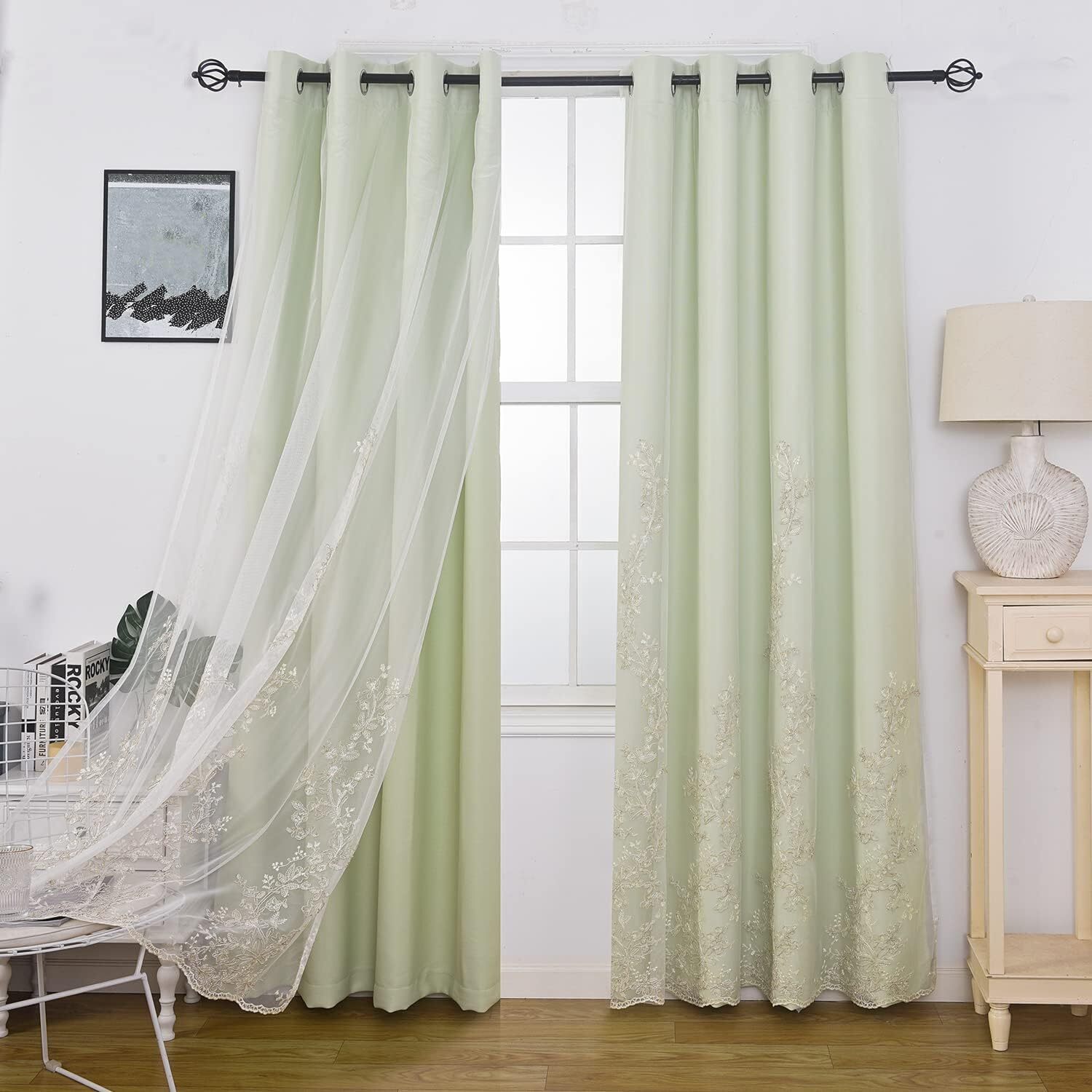 2Panels Embroiered Voile Overlay Soild Curtains, Double Layer Drapes Grommet Top gallery