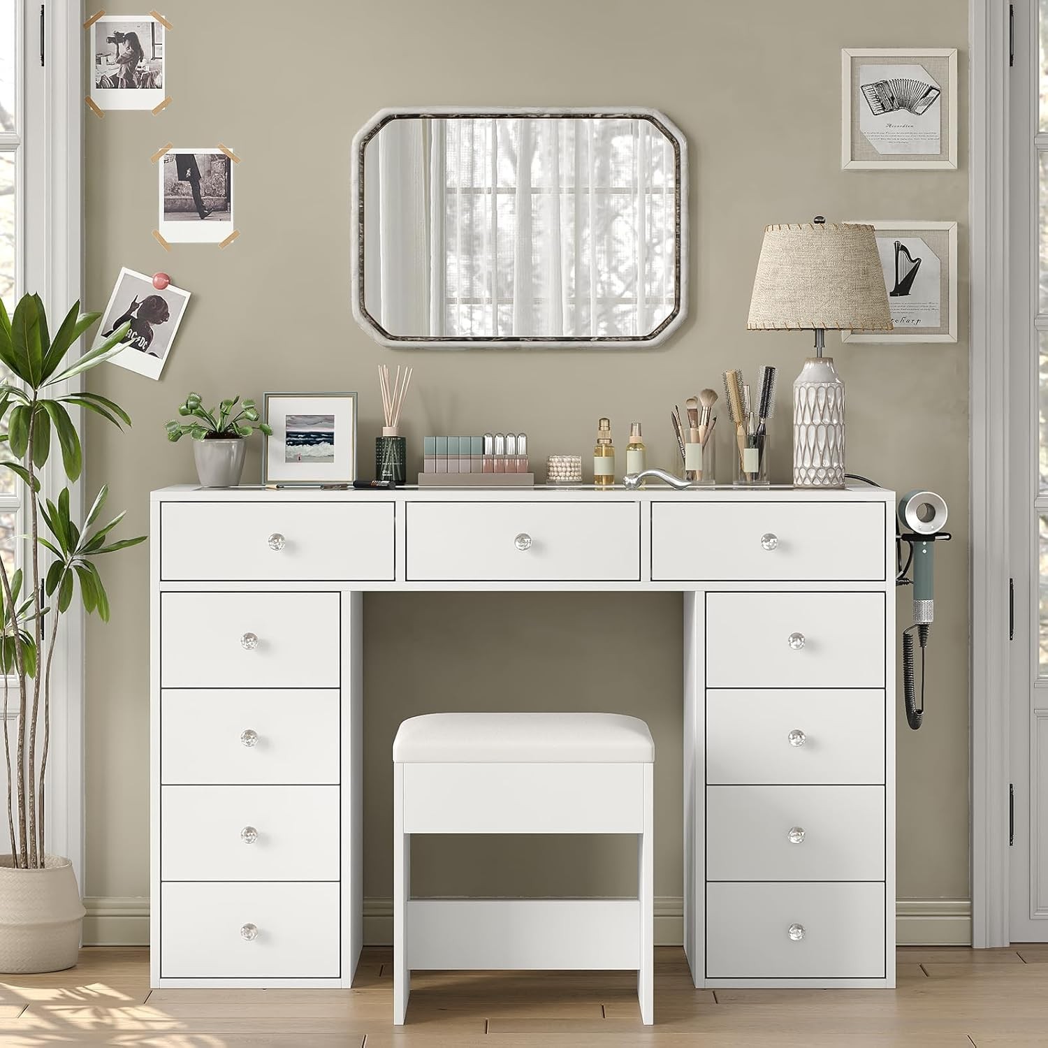 47" Vanity Desk Without Mirror, Glass Top Makeup Vanity with 11 Drawers & gallery