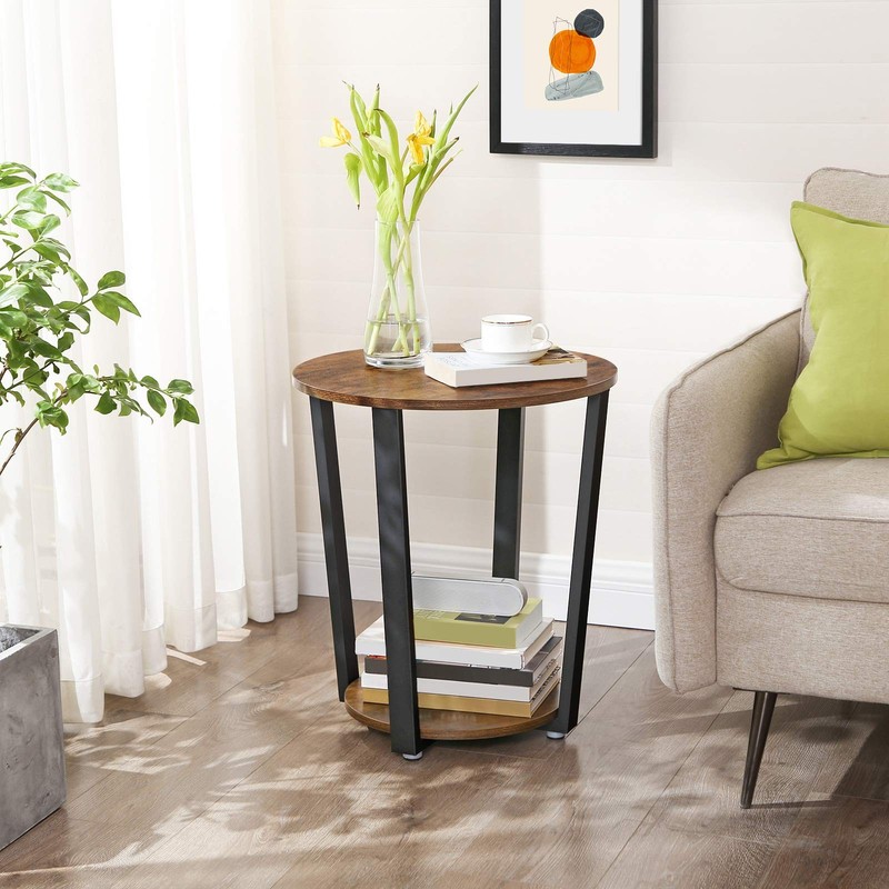 Rustic Brown Black 2 Tier Round Side End Bedside Table Storage ULET57X gallery