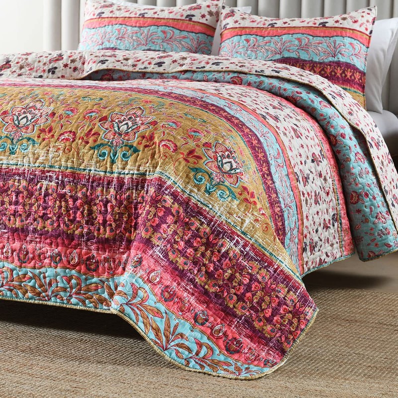 Boho Style King Quilt Set Reversible Bohemian Floral Strip Quilt Beddding Set... gallery